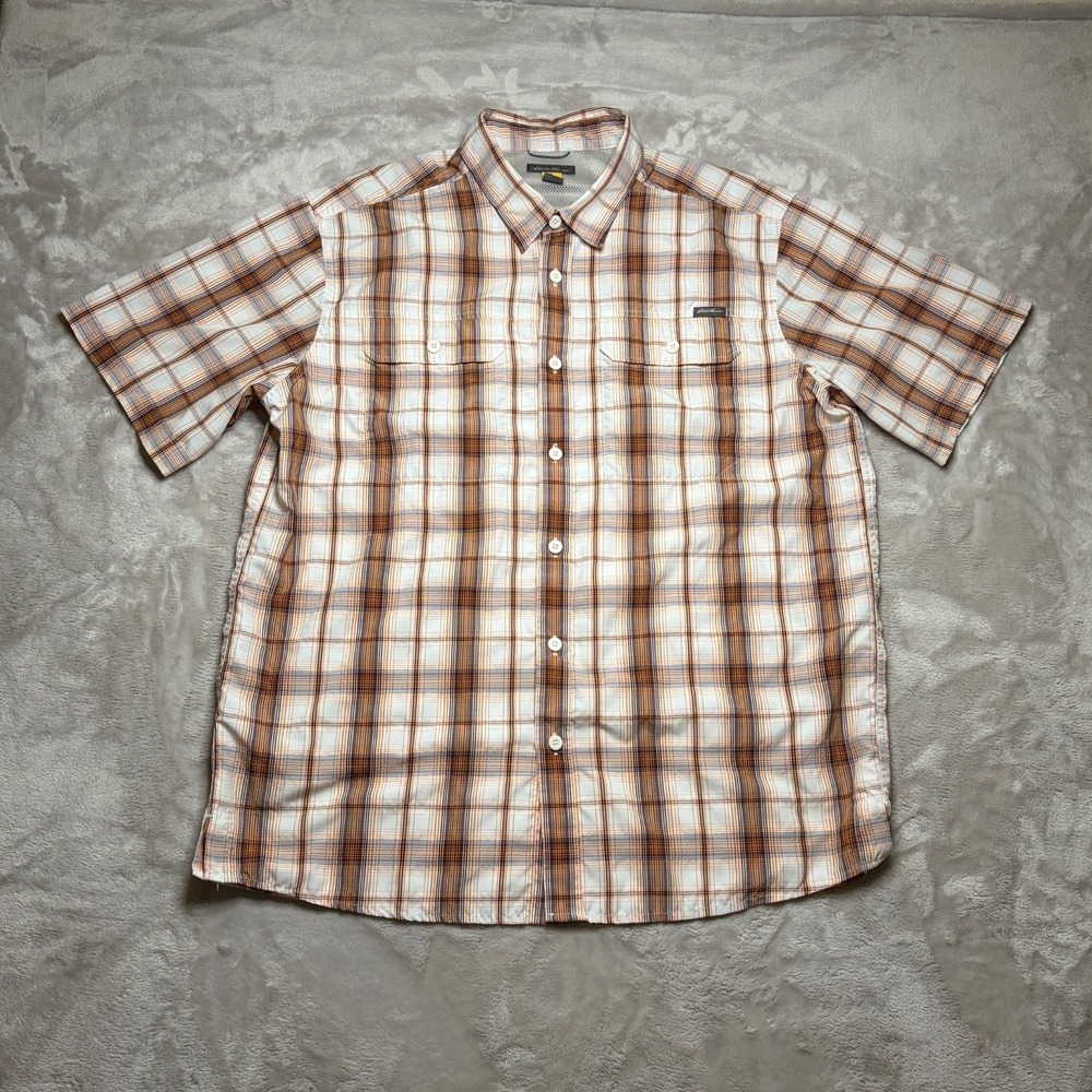 Eddie Bauer Travex Shirt Mens L Orange White Plaid Short Sleeve Outdoor Hiking